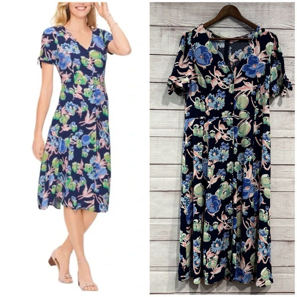 Talbots Floral Short Sleeve Button Front Midi Shirt Dress Women's Size 10 Flowy